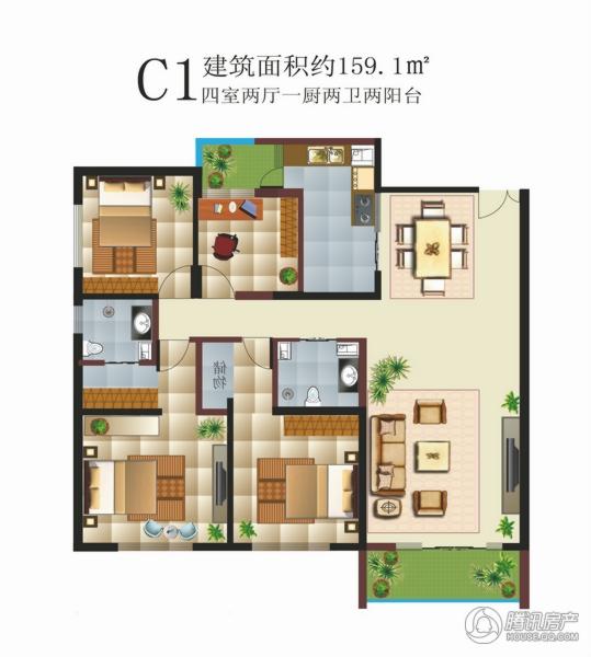 c1户型 159.1㎡ 四室两厅一厨两卫两阳台