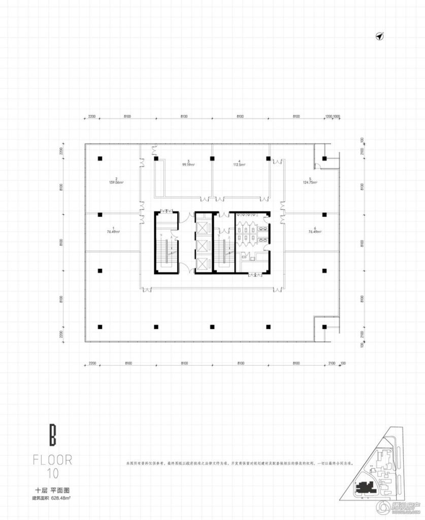 枢密院·尖子班b座十层平面图 建筑面积约628.48平